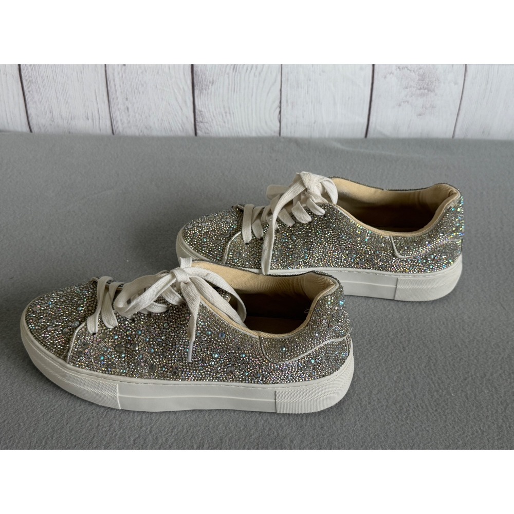 Betsey Johnson Sidny Rhinestone Platform Sneakers Silver Iridescent Sparkle 8.5 - Picture 2 of 10